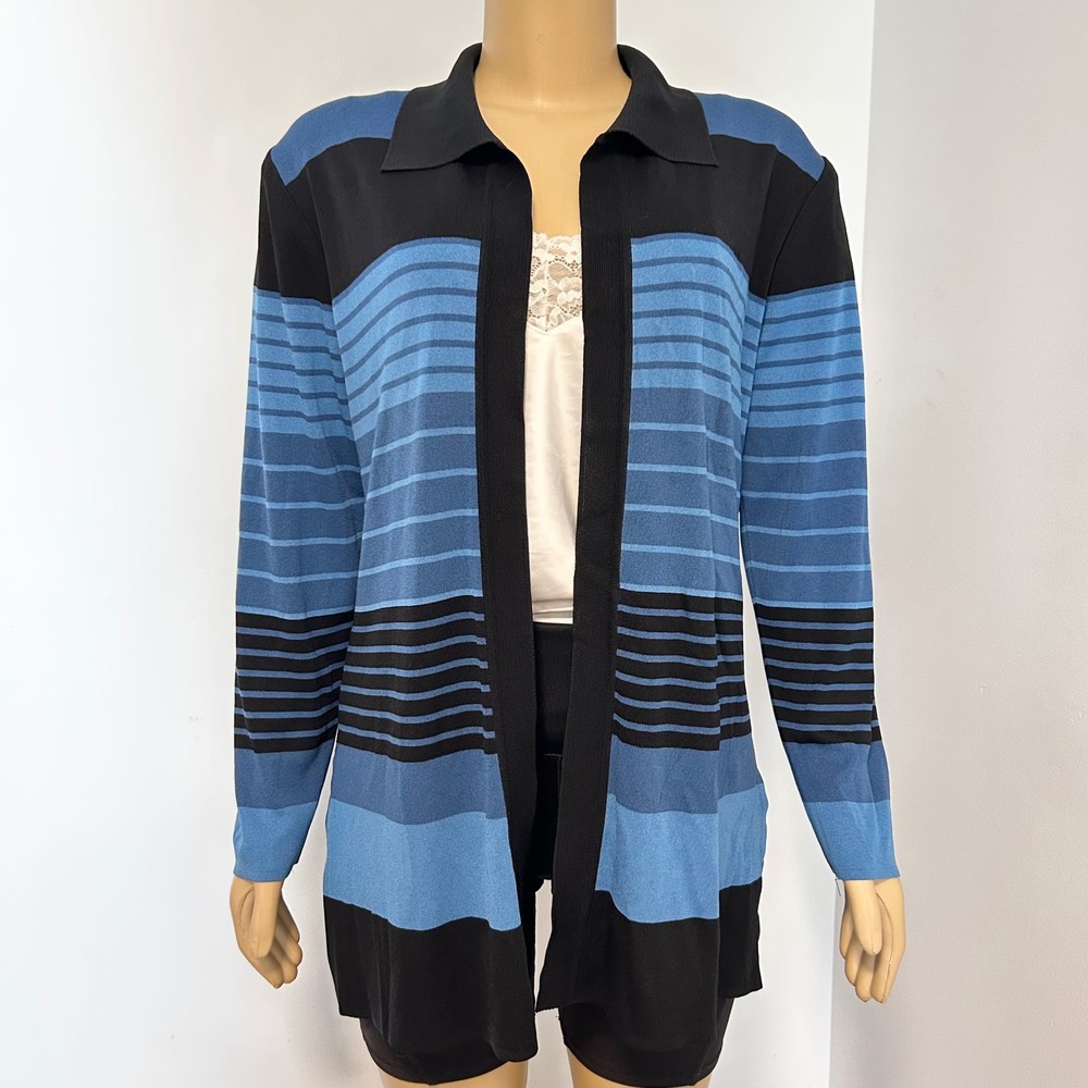 Misook Striped Knit Cardigan Sweater Blue Black‎ Long Sleeve Collar Medium
